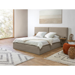 Lit coffre BLANDINE en tissu texturé beige avec tablettes chevets dans une chambre Japandi