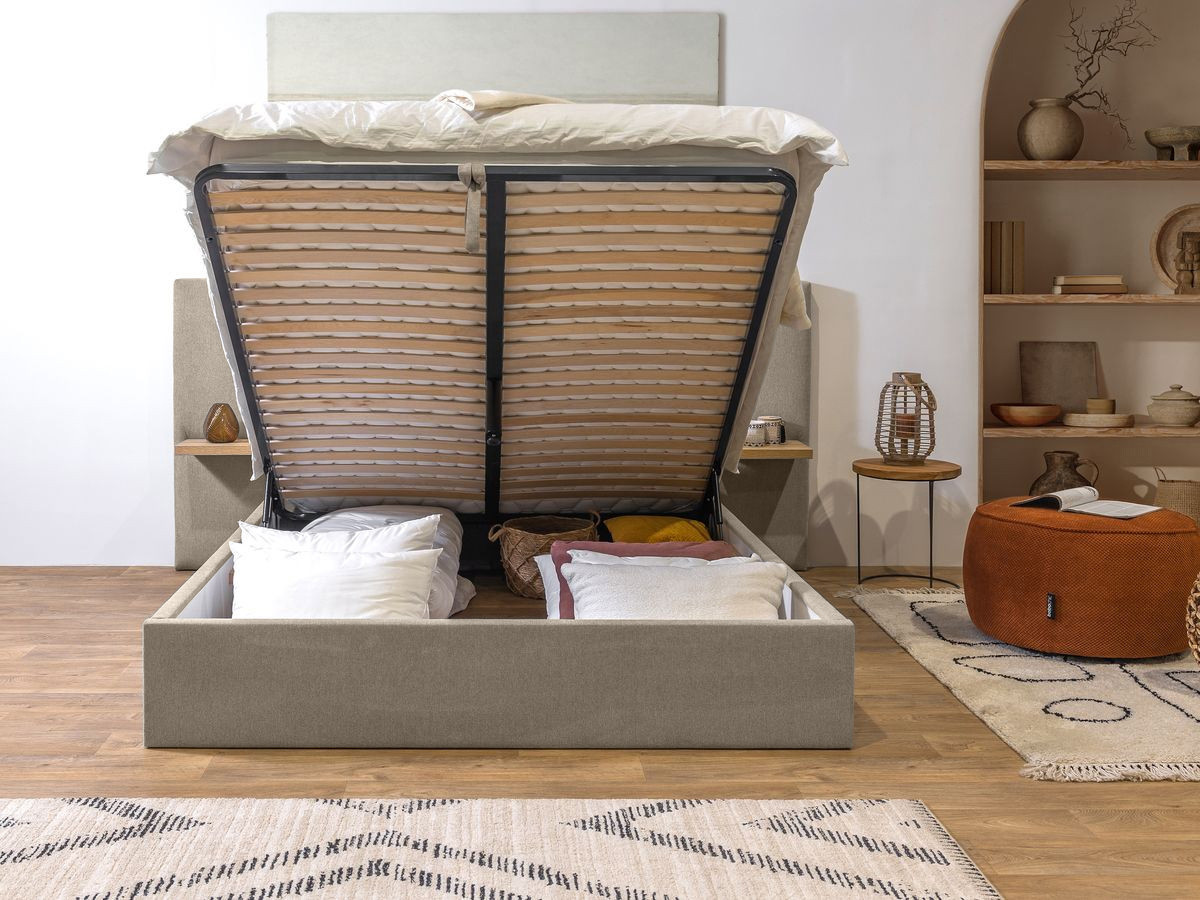 Lit coffre BLANDINE texturé avec tablettes chevets beige — vue 6