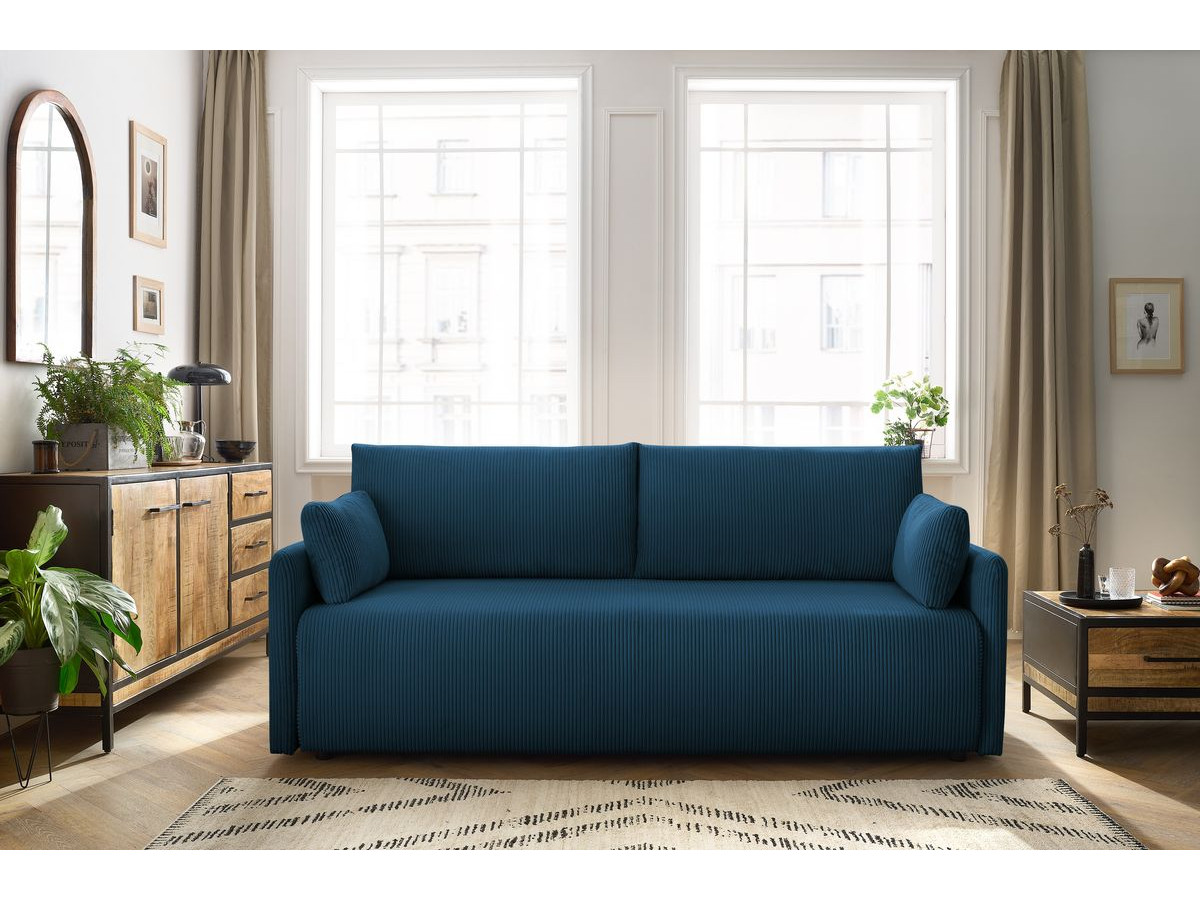 Canapé droit convertible coffre MARCEL velours côtelé bleu foncé BOBOCHIC 3 places - Vue supplémentaire 3