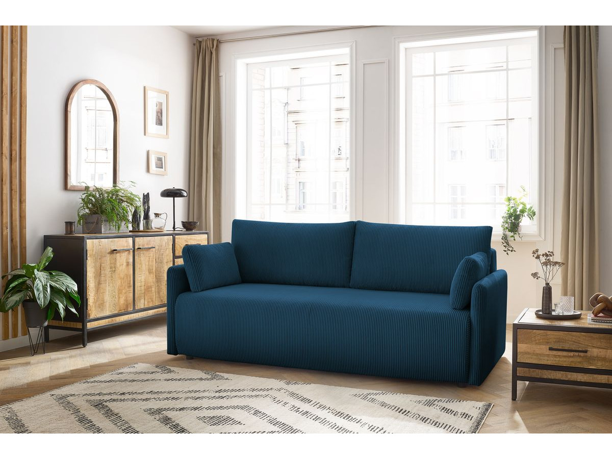 Canapé droit convertible coffre MARCEL velours côtelé bleu foncé BOBOCHIC 3 places - Vue supplémentaire 2