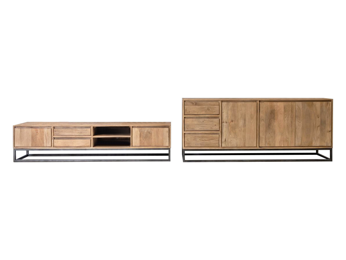 BERGERAC set met 190 cm dressoir + 200 cm tv-meubel in massief mangohout