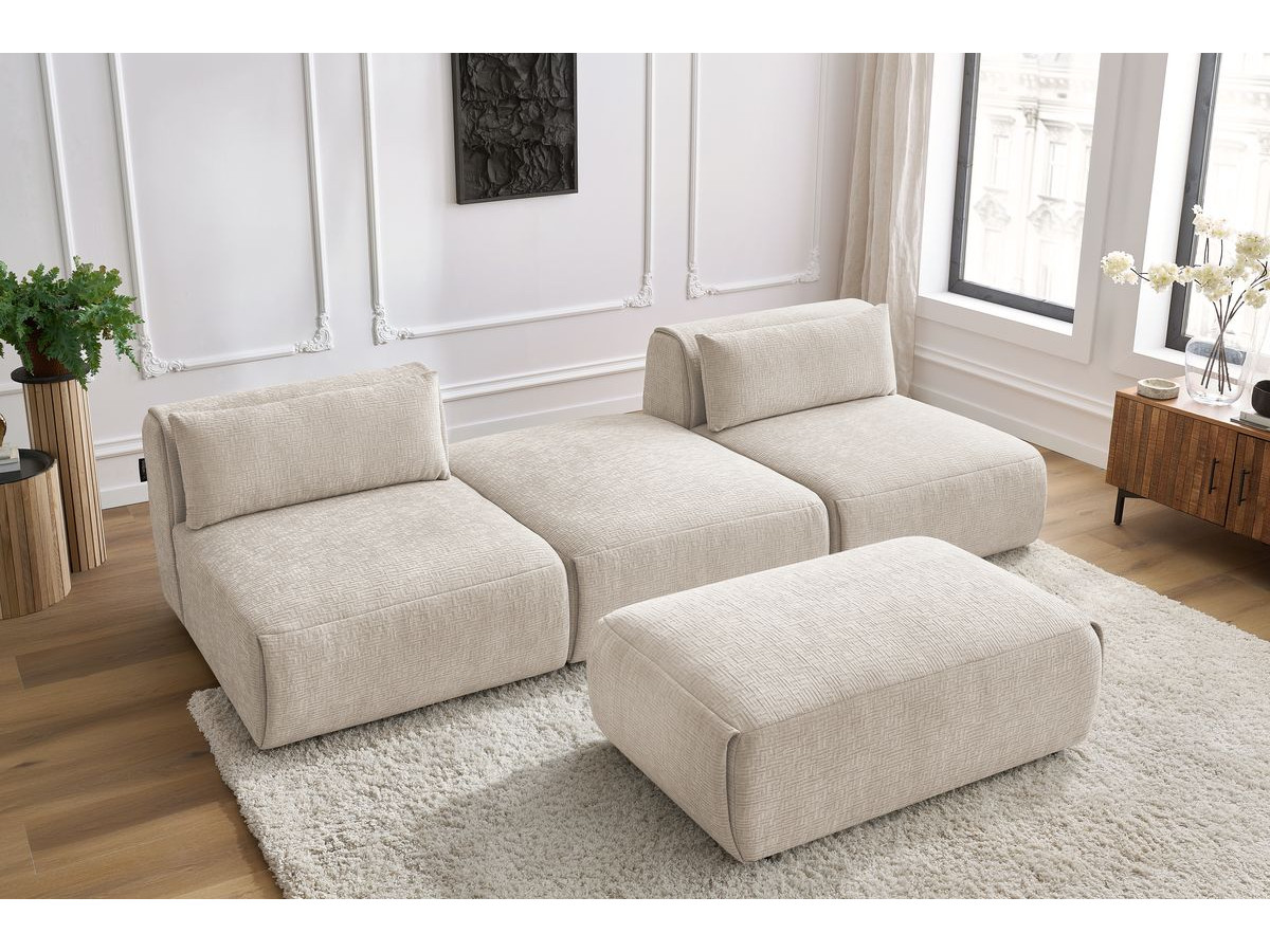 Canapé droit fixe 3 places JEANNE avec pouf tissu texturé