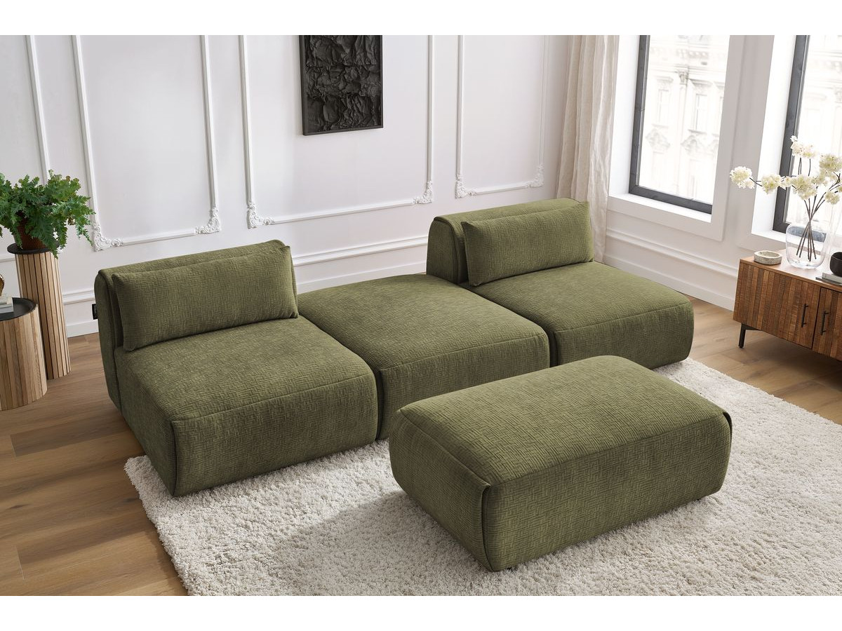 Canapé droit fixe 3 places JEANNE avec pouf tissu texturé