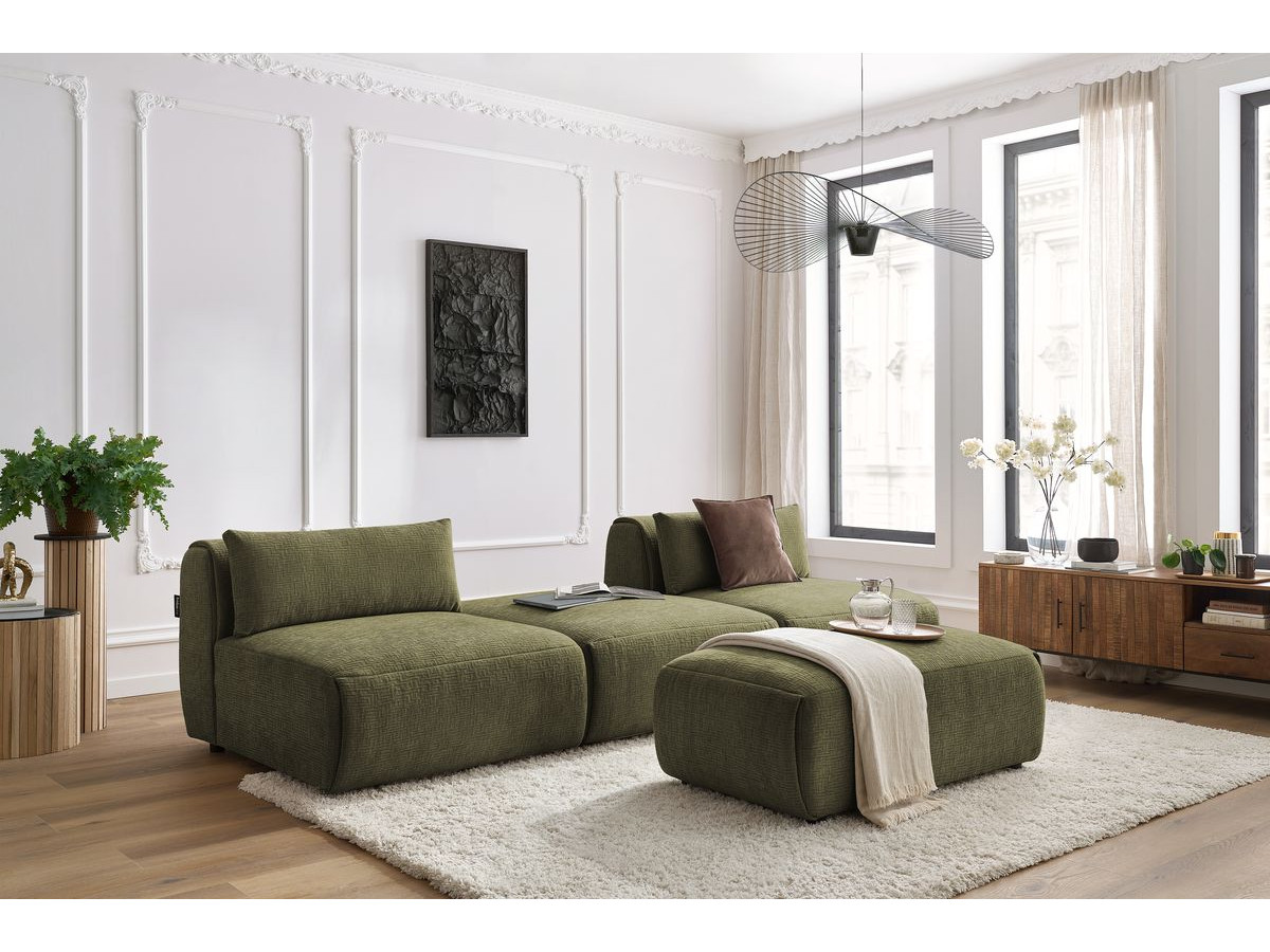 Canapé droit fixe 3 places JEANNE avec pouf tissu texturé