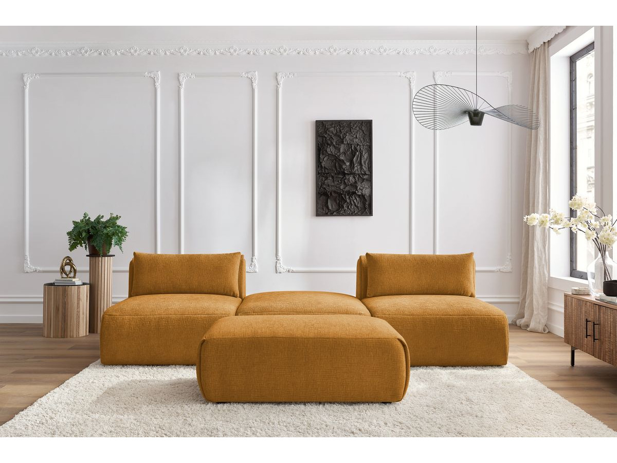Canapé droit fixe 3 places JEANNE avec pouf tissu texturé