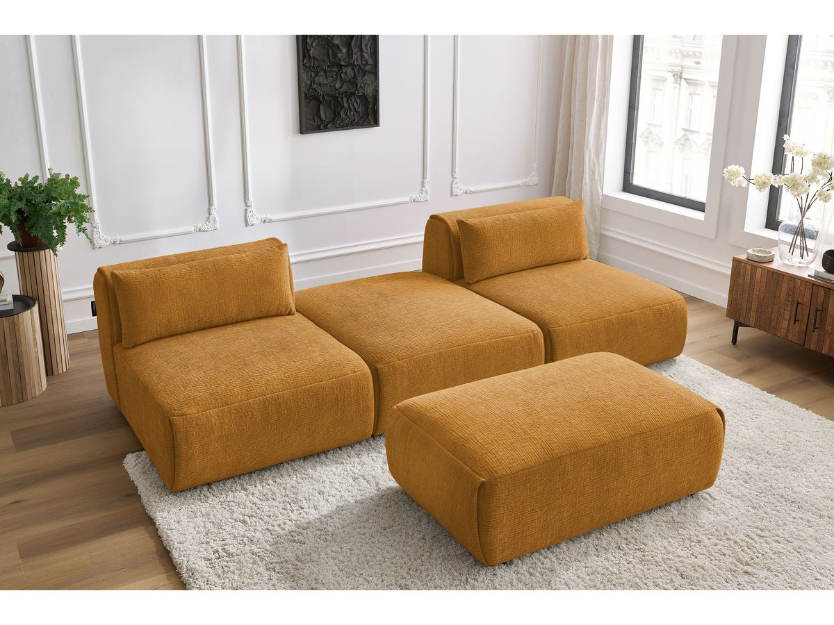 Canapé droit fixe 3 places JEANNE avec pouf tissu texturé
