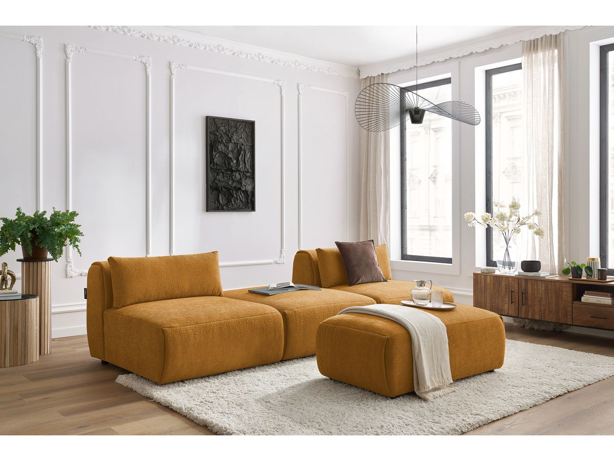 Canapé droit fixe 3 places JEANNE avec pouf tissu texturé