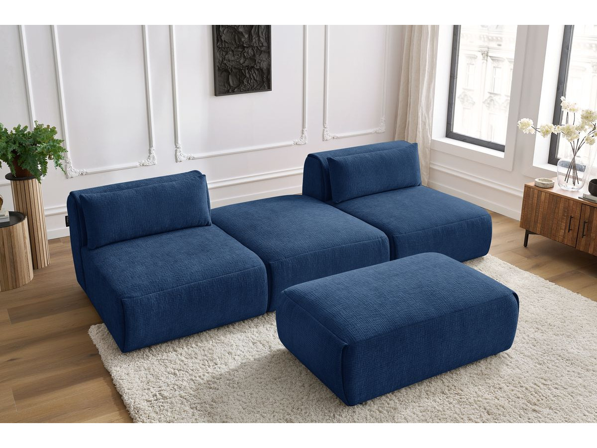 Canapé droit fixe 3 places JEANNE avec pouf tissu texturé