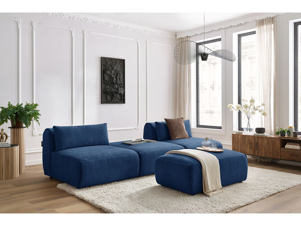 Canapé droit fixe 3 places JEANNE avec pouf tissu texturé