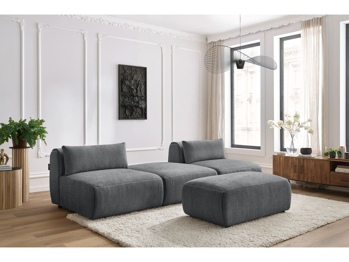 Canapé droit fixe 3 places JEANNE avec pouf tissu texturé