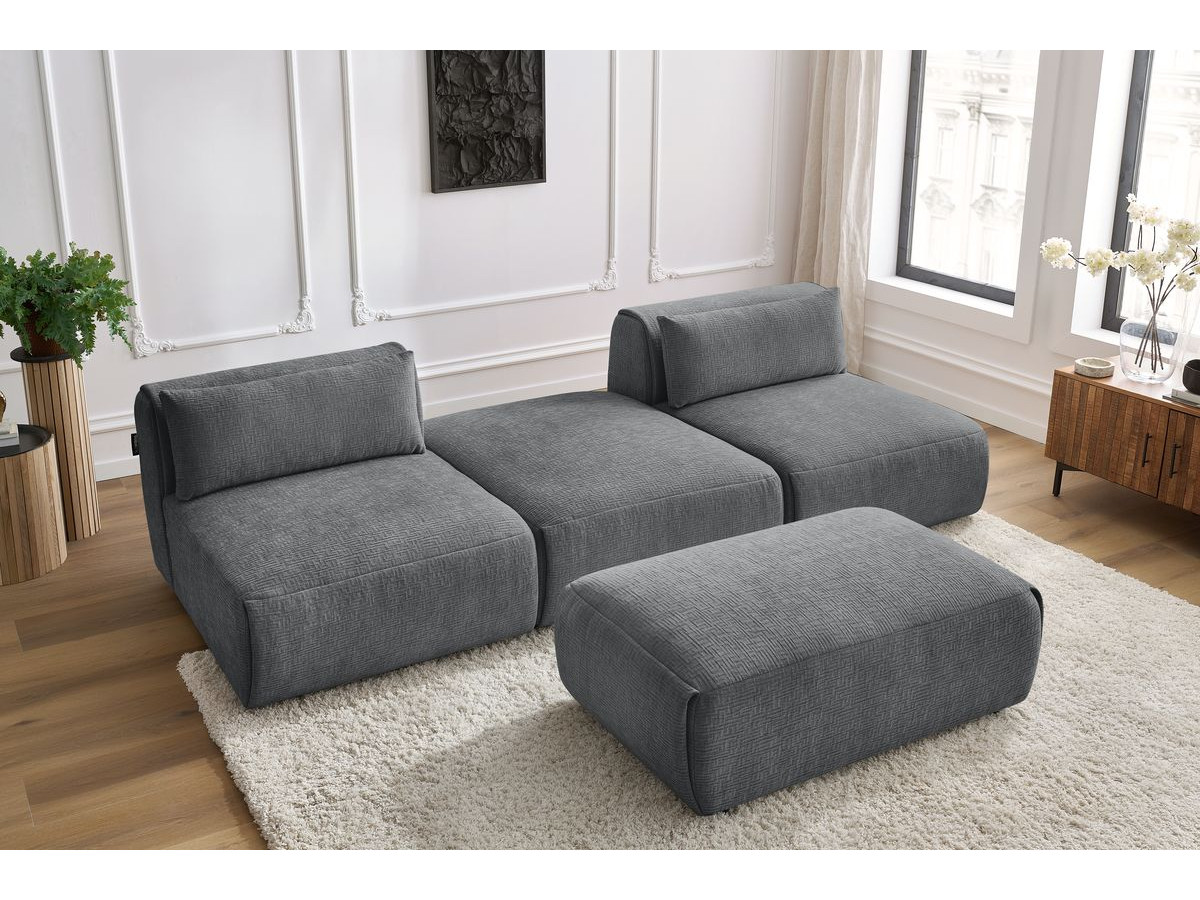 Canapé droit fixe 3 places JEANNE avec pouf tissu texturé
