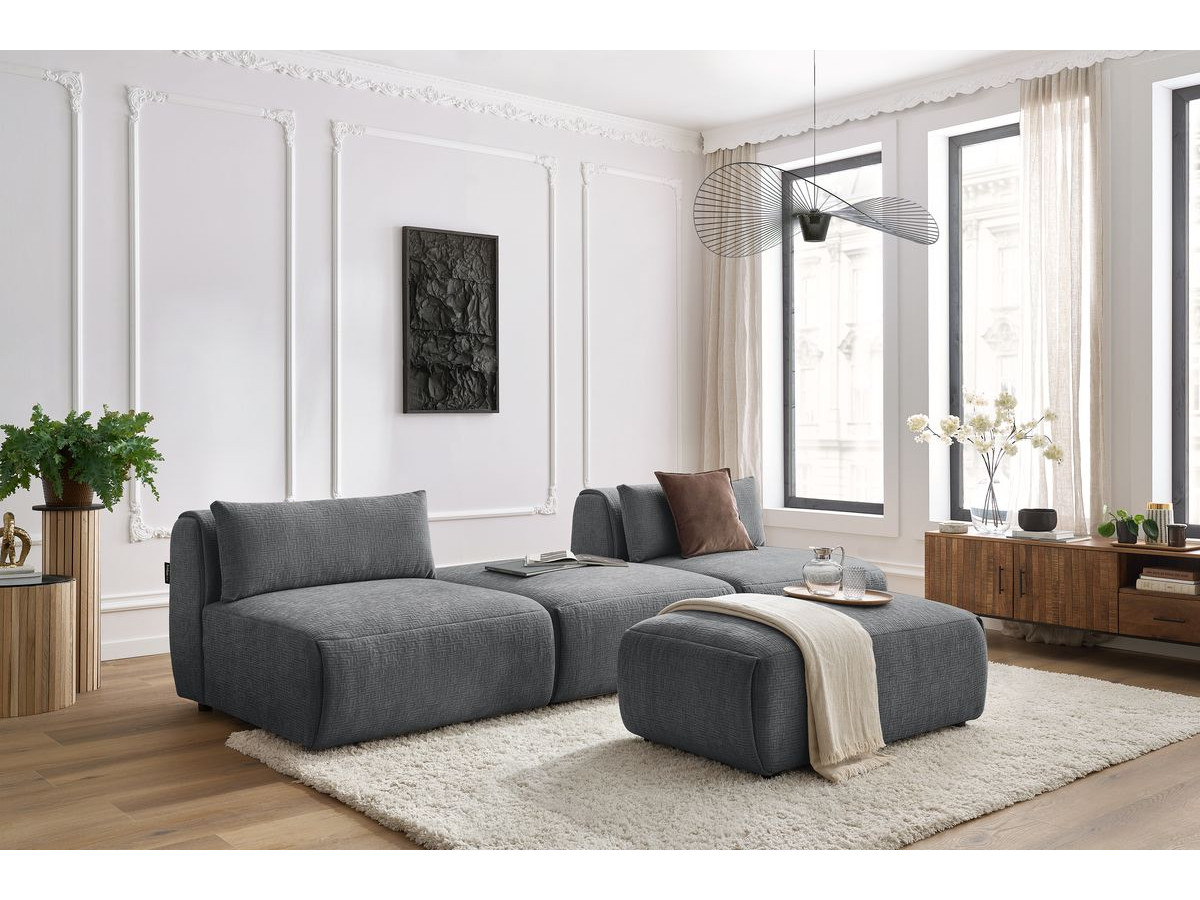 Canapé droit fixe 3 places JEANNE avec pouf tissu texturé
