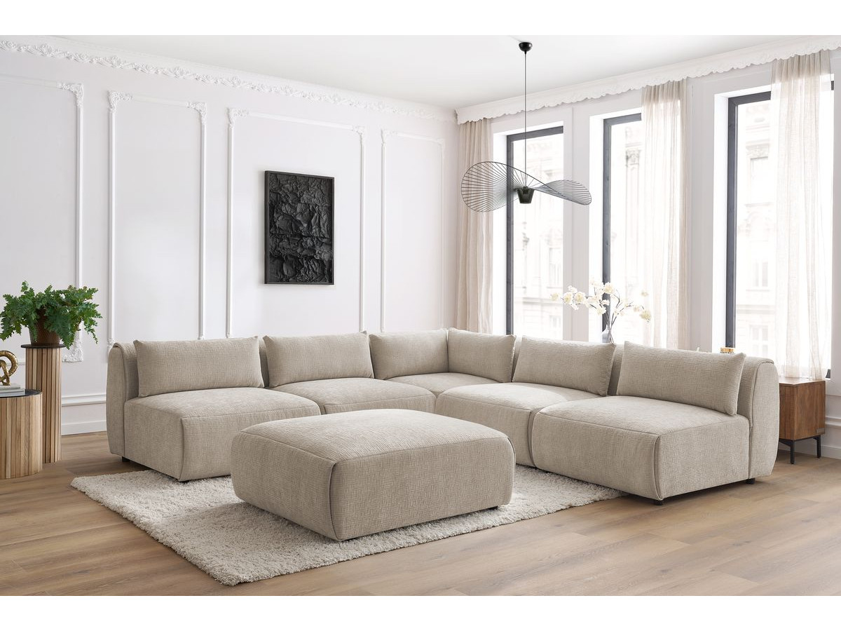 Canapé d'angle fixe modulable JEANNE tissu texturé avec 4 chauffeuses, 1 angle et 1 pouf