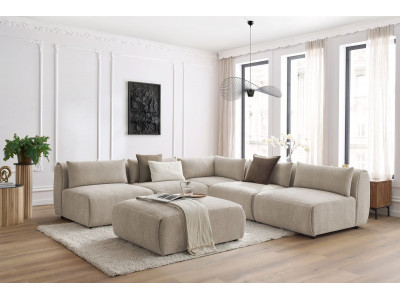 Canapé d'angle fixe modulable JEANNE tissu texturé avec 4 chauffeuses, 1 angle et 1 pouf
