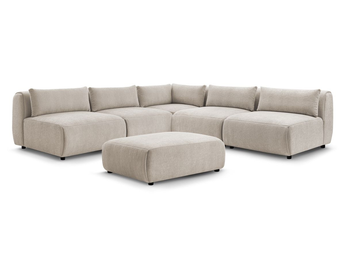 Canapé d'angle fixe modulable JEANNE tissu texturé avec 4 chauffeuses, 1 angle et 1 pouf