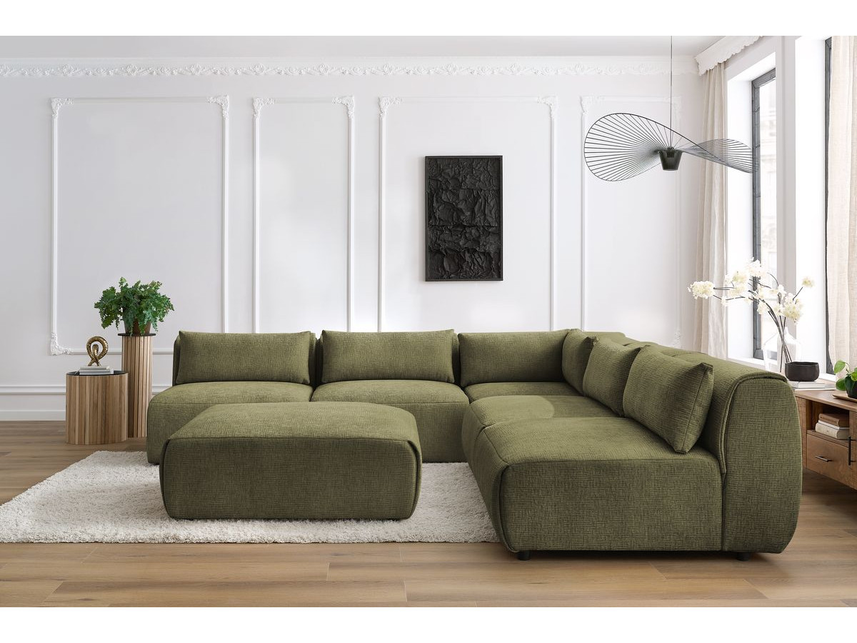 Canapé d'angle fixe modulable JEANNE tissu texturé avec 4 chauffeuses, 1 angle et 1 pouf