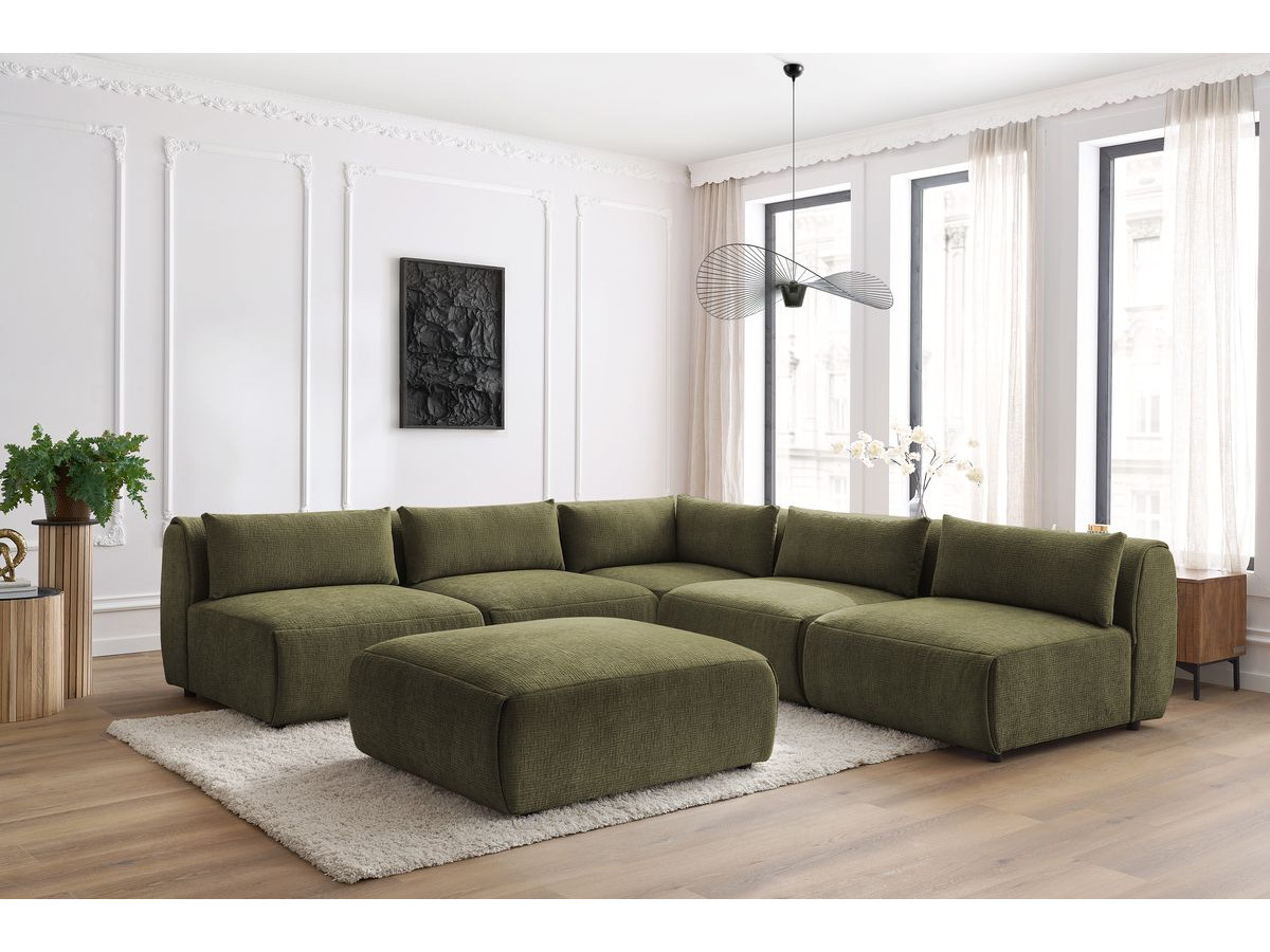 JEANNE modulaire vaste hoekbank in structuurstof met 4 fauteuils, 1 hoek en 1 poef
