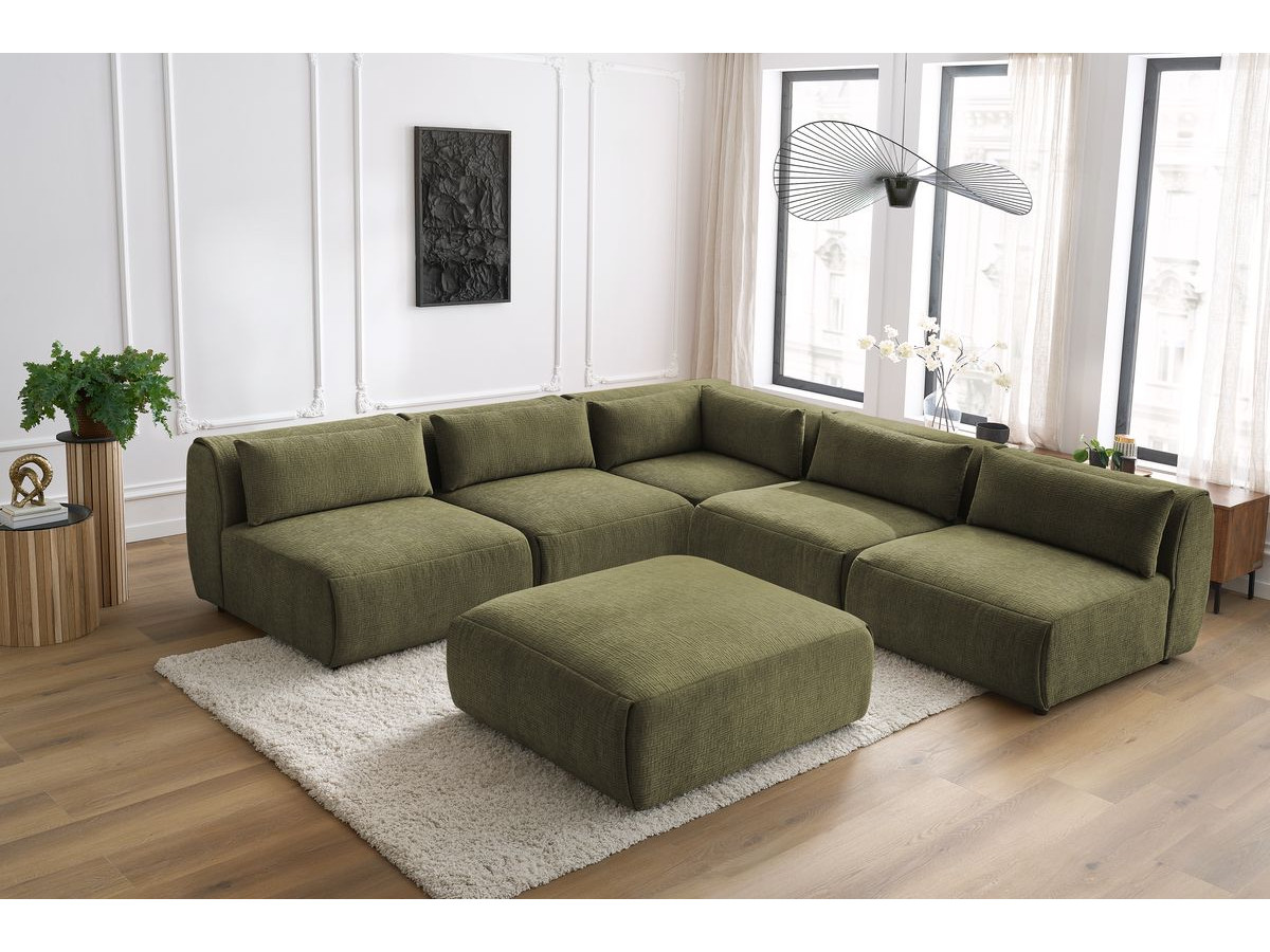 Canapé d'angle fixe modulable JEANNE tissu texturé avec 4 chauffeuses, 1 angle et 1 pouf
