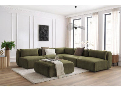 Canapé d'angle fixe modulable JEANNE tissu texturé avec 4 chauffeuses, 1 angle et 1 pouf