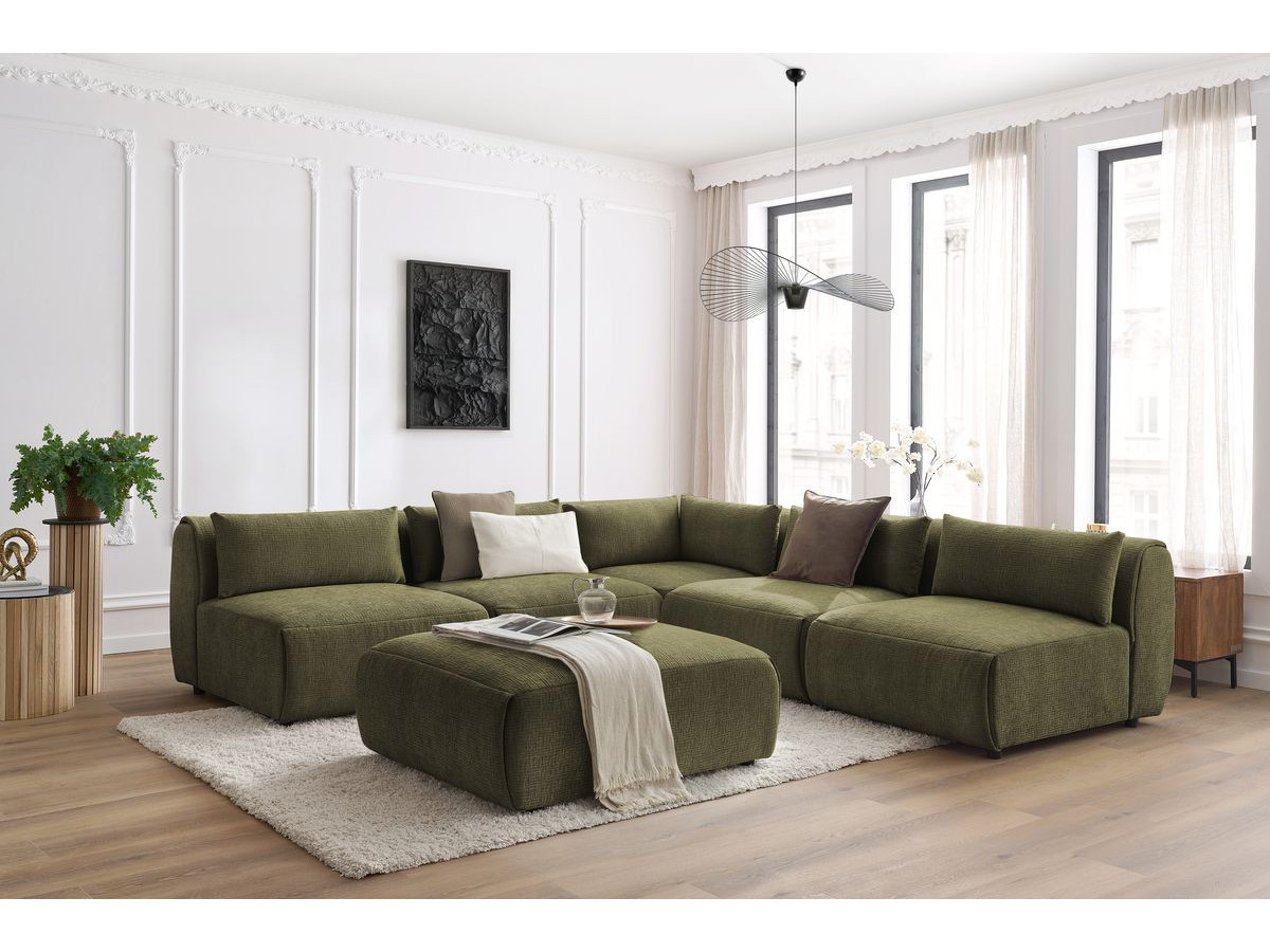 Canapé d'angle fixe modulable JEANNE tissu texturé avec 4 chauffeuses, 1 angle et 1 pouf