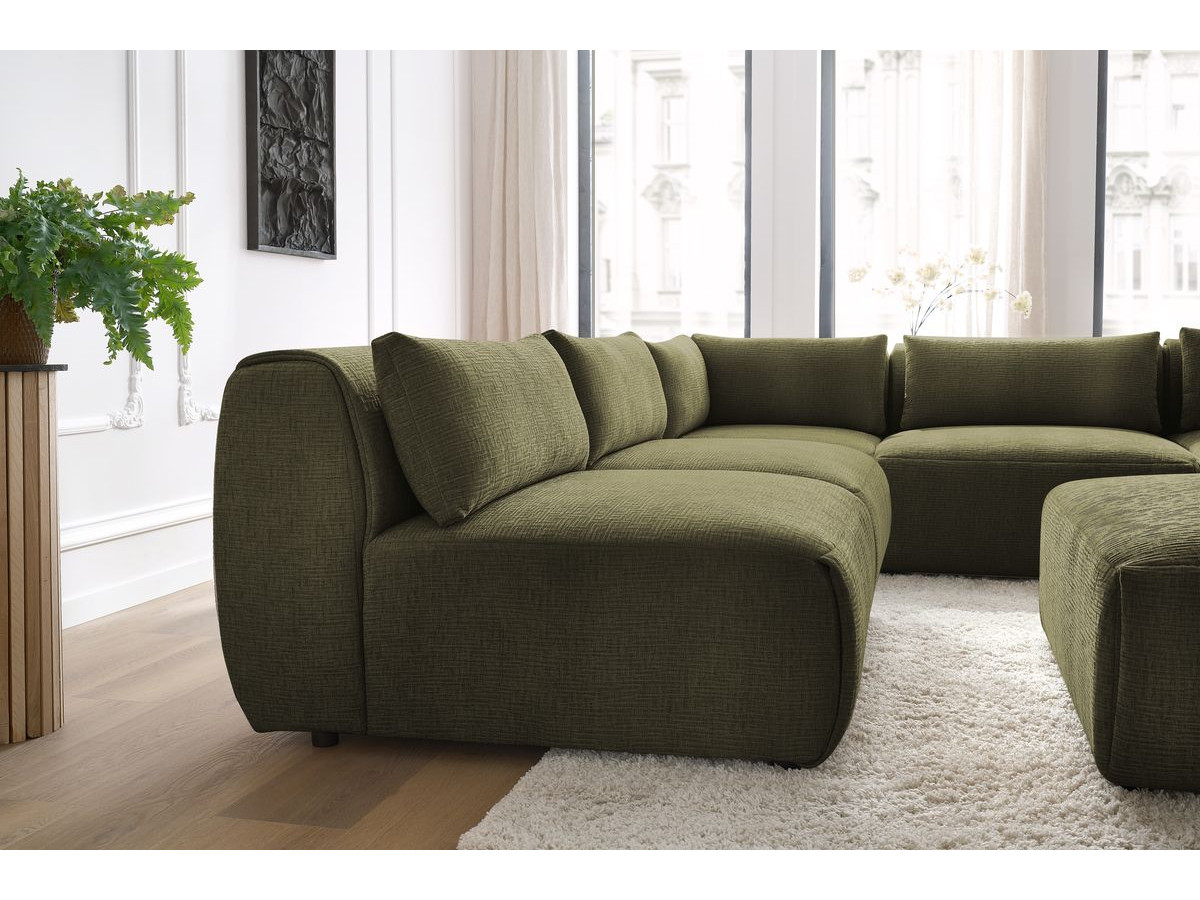 Canapé d'angle fixe modulable JEANNE tissu texturé avec 4 chauffeuses, 1 angle et 1 pouf