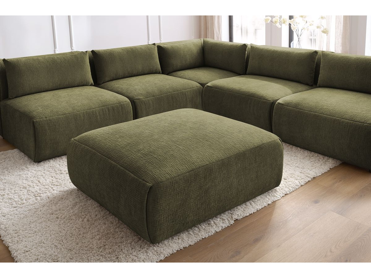 Canapé d'angle fixe modulable JEANNE tissu texturé avec 4 chauffeuses, 1 angle et 1 pouf
