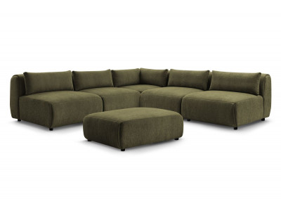 Canapé d'angle fixe modulable JEANNE tissu texturé avec 4 chauffeuses, 1 angle et 1 pouf