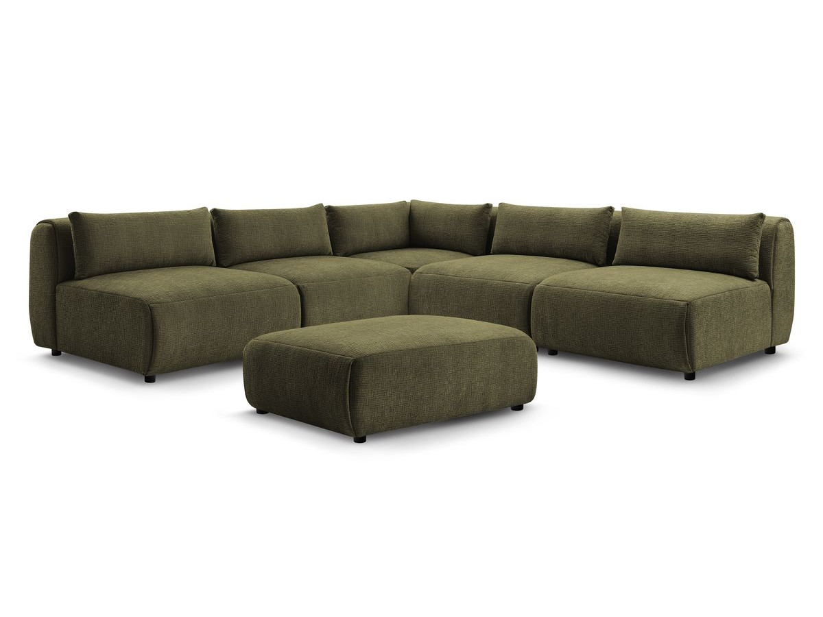 Canapé d'angle fixe modulable JEANNE tissu texturé avec 4 chauffeuses, 1 angle et 1 pouf