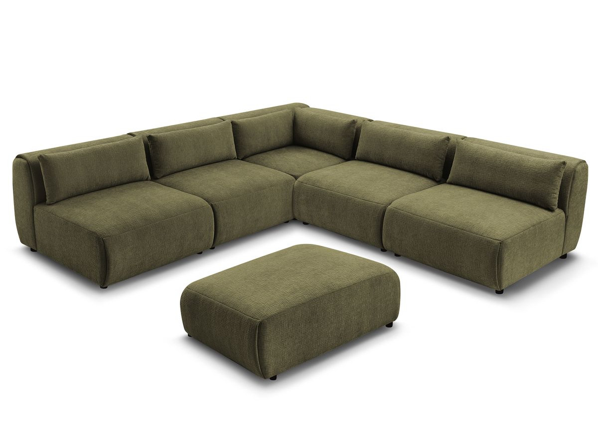 Canapé d'angle fixe modulable JEANNE tissu texturé avec 4 chauffeuses, 1 angle et 1 pouf