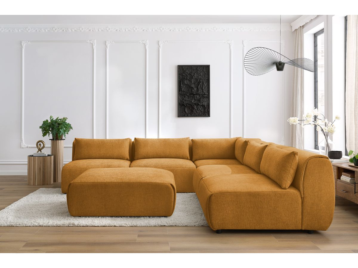 Canapé d'angle fixe EVEREST tissu chiné - Orange - Angle droit - 10 coussins