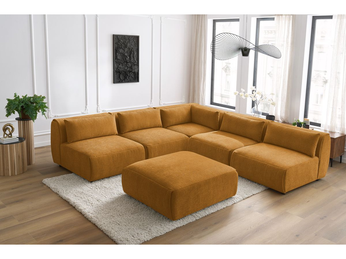 Canapé d'angle fixe EVEREST tissu chiné - Orange - Angle droit - 10 coussins