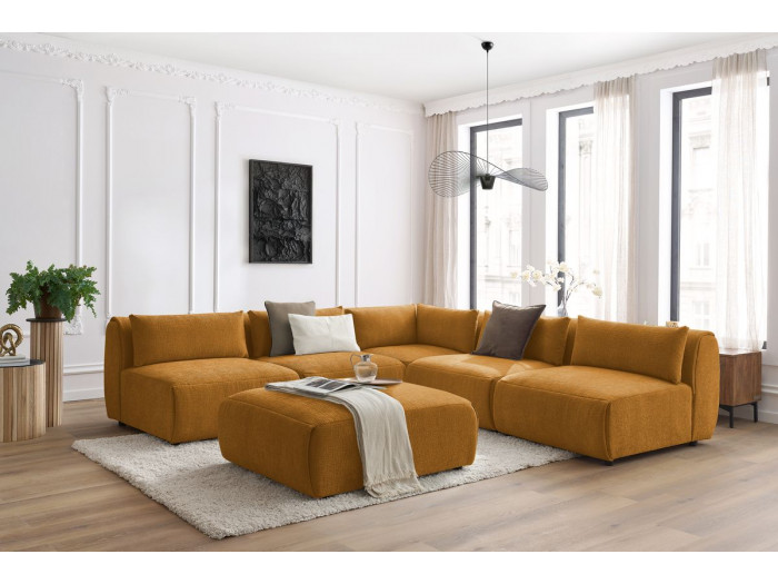 Canapé d'angle fixe modulable JEANNE tissu texturé avec 4 chauffeuses, 1 angle et 1 pouf