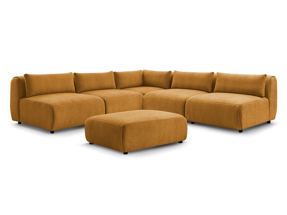 Canapé d'angle fixe modulable JEANNE tissu texturé avec 4 chauffeuses, 1 angle et 1 pouf