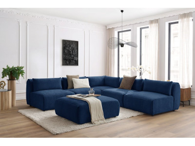 Canapé d'angle fixe modulable JEANNE tissu texturé avec 4 chauffeuses, 1 angle et 1 pouf