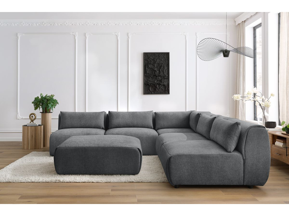 Canapé d'angle fixe modulable JEANNE tissu texturé avec 4 chauffeuses, 1 angle et 1 pouf