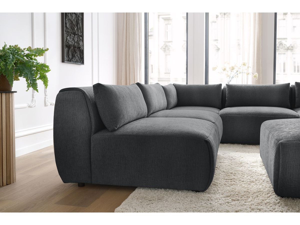 Canapé d'angle fixe modulable JEANNE tissu texturé avec 4 chauffeuses, 1 angle et 1 pouf