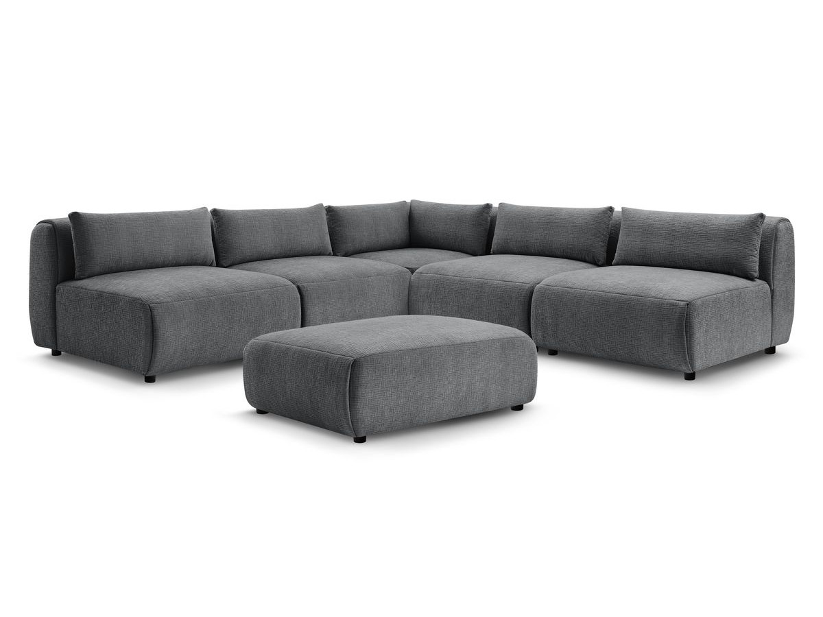 Canapé d'angle fixe modulable JEANNE tissu texturé avec 4 chauffeuses, 1 angle et 1 pouf
