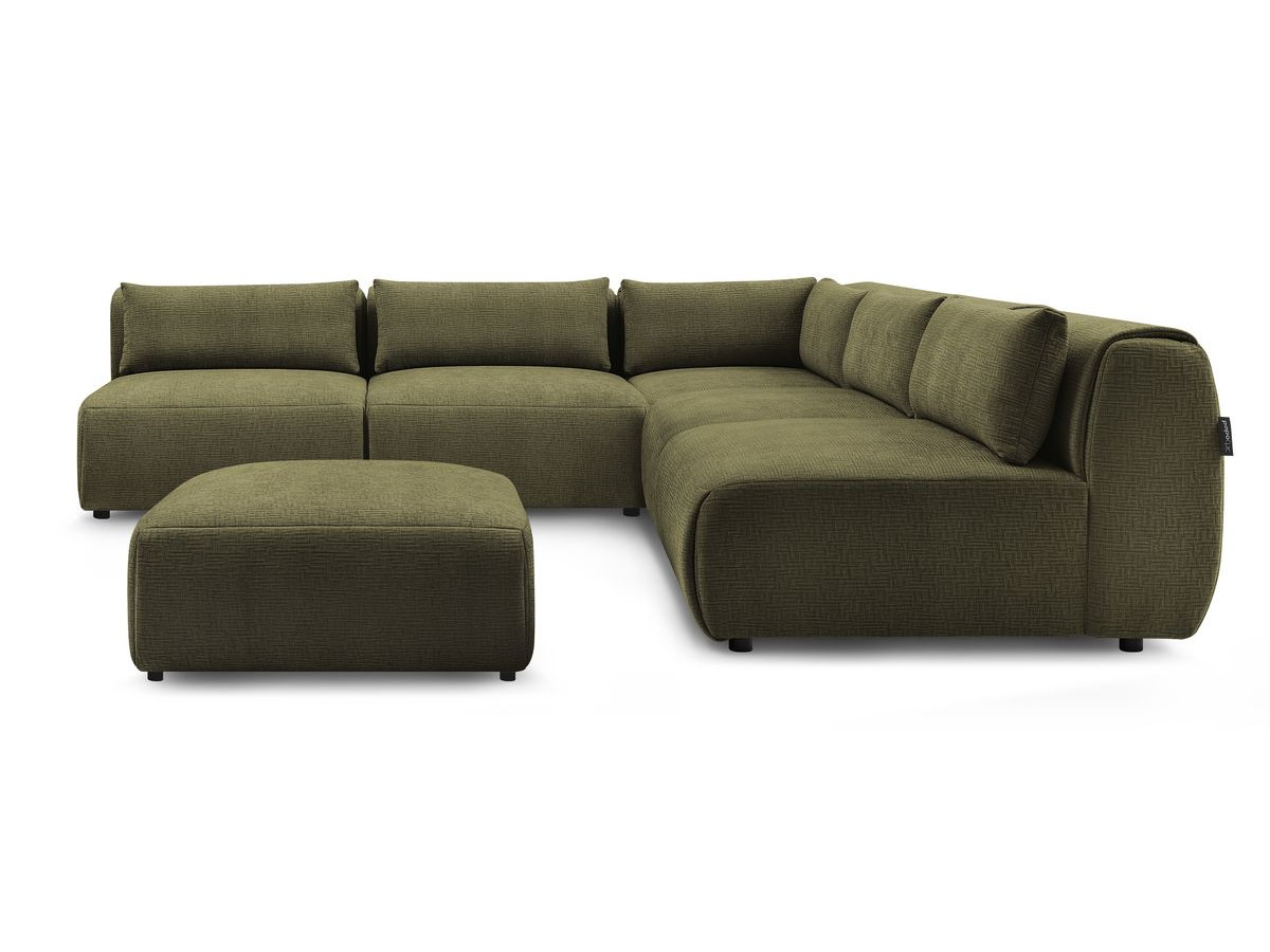 Canapé d'angle fixe modulable JEANNE tissu texturé avec 4 chauffeuses, 1 angle et 1 pouf