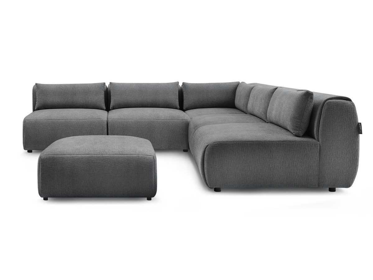 Canapé d'angle fixe modulable JEANNE tissu texturé avec 4 chauffeuses, 1 angle et 1 pouf