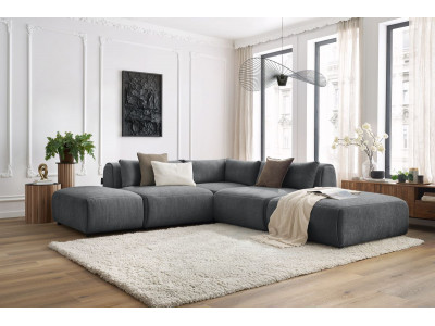 Canapé d'angle fixe modulable JEANNE tissu texturé avec 2 chauffeuses, 1 angle et 2 poufs