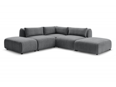 Canapé d'angle fixe modulable JEANNE tissu texturé avec 2 chauffeuses, 1 angle et 2 poufs