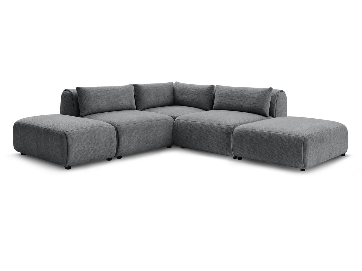 Canapé d'angle fixe modulable JEANNE tissu texturé avec 2 chauffeuses, 1 angle et 2 poufs