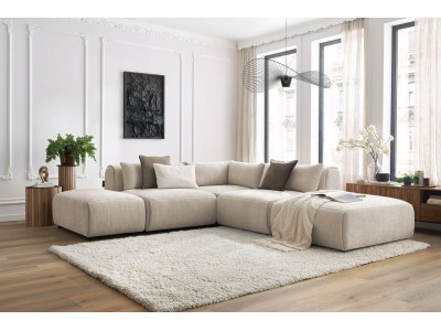 Canapé d'angle fixe modulable JEANNE tissu texturé avec 2 chauffeuses, 1 angle et 2 poufs