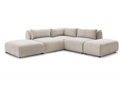 Canapé d'angle fixe modulable JEANNE tissu texturé avec 2 chauffeuses, 1 angle et 2 poufs