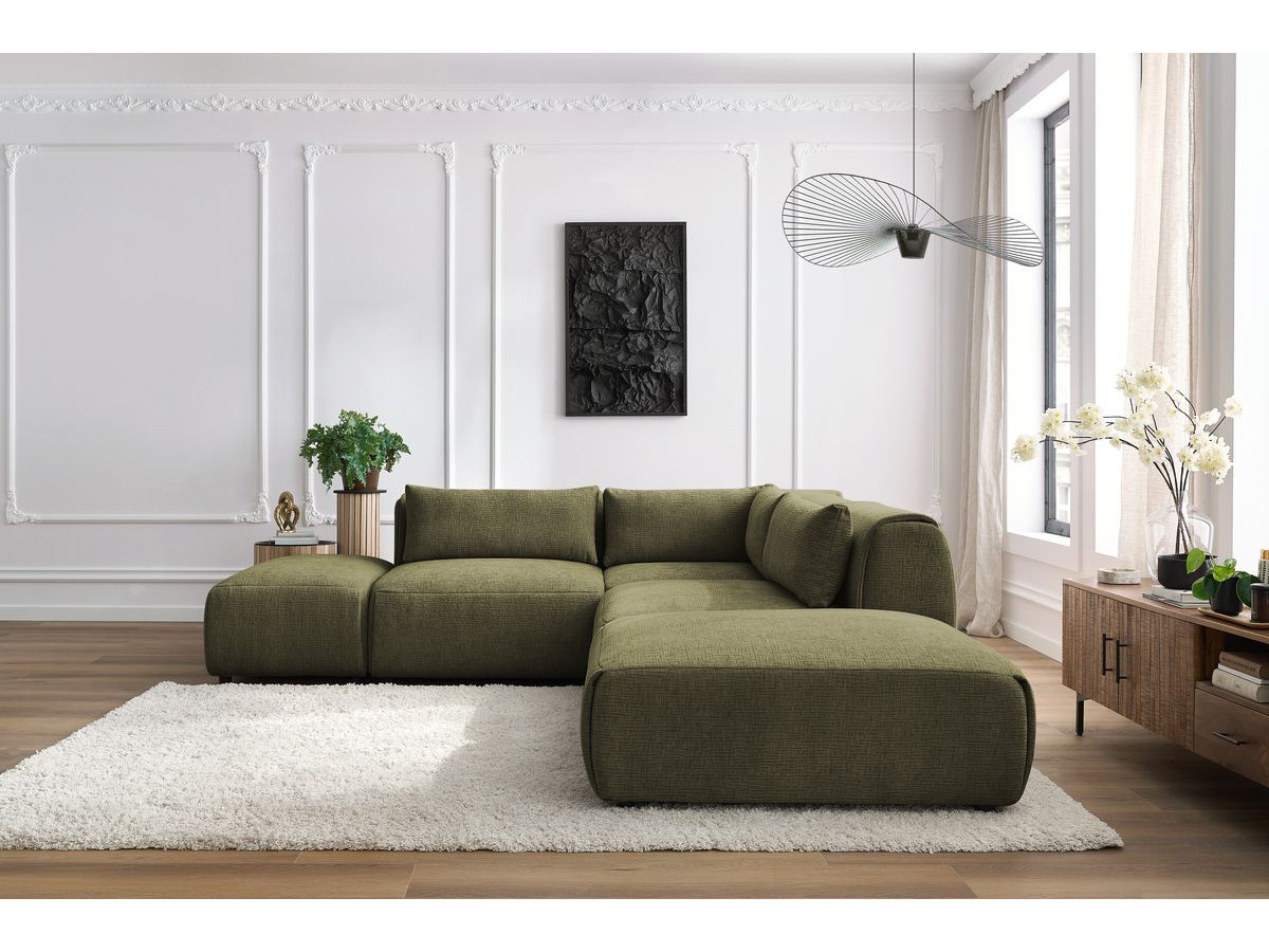 Canapé d'angle fixe modulable JEANNE tissu texturé avec 2 chauffeuses, 1 angle et 2 poufs