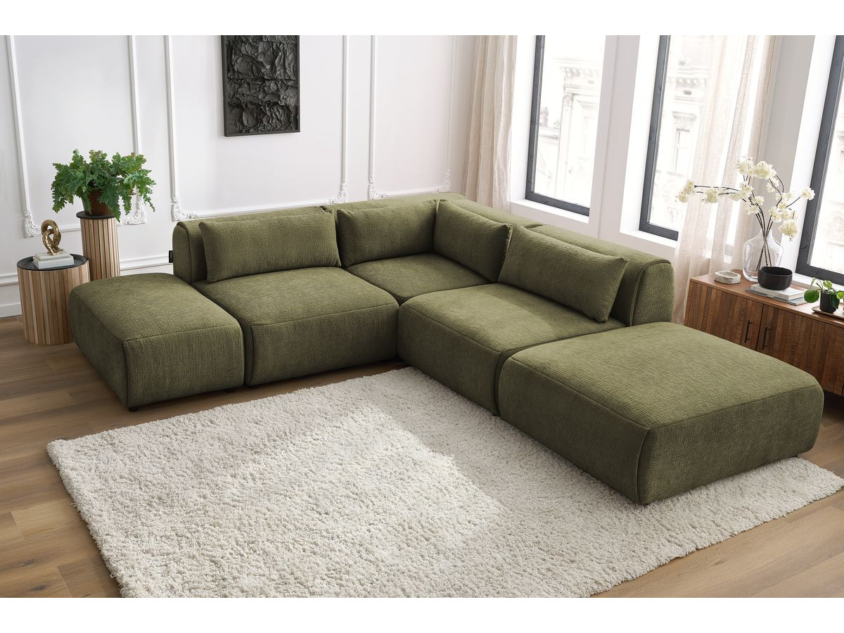 Canapé d'angle fixe modulable JEANNE tissu texturé avec 2 chauffeuses, 1 angle et 2 poufs
