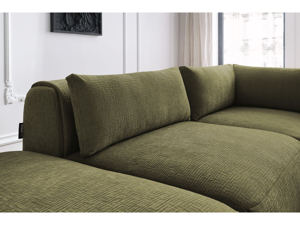 Canapé d'angle fixe modulable JEANNE tissu texturé avec 2 chauffeuses, 1 angle et 2 poufs