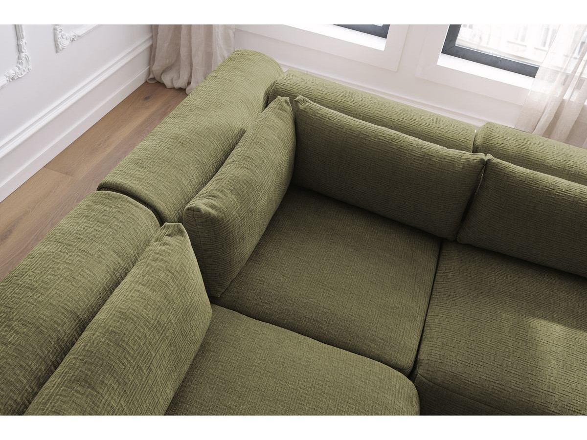 Canapé d'angle fixe modulable JEANNE tissu texturé avec 2 chauffeuses, 1 angle et 2 poufs
