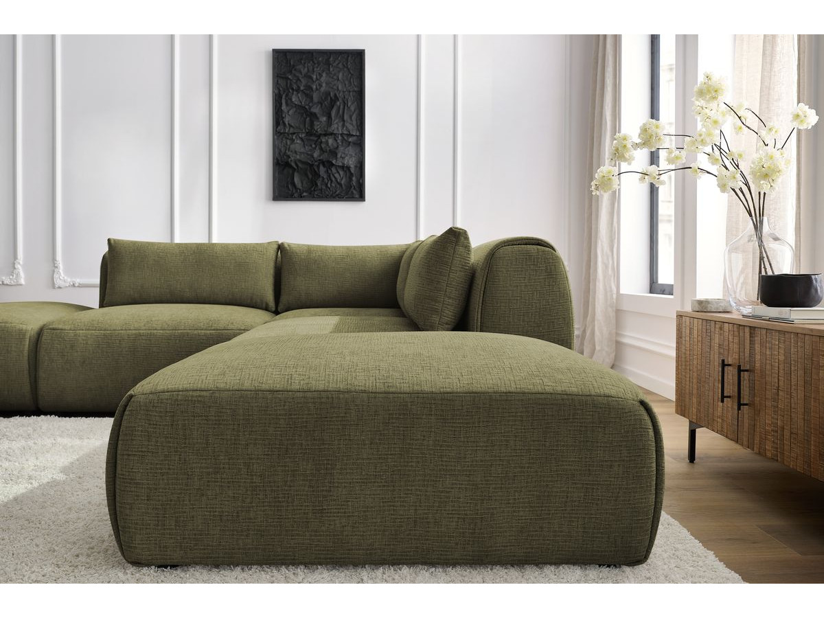 Canapé d'angle fixe modulable JEANNE tissu texturé avec 2 chauffeuses, 1 angle et 2 poufs