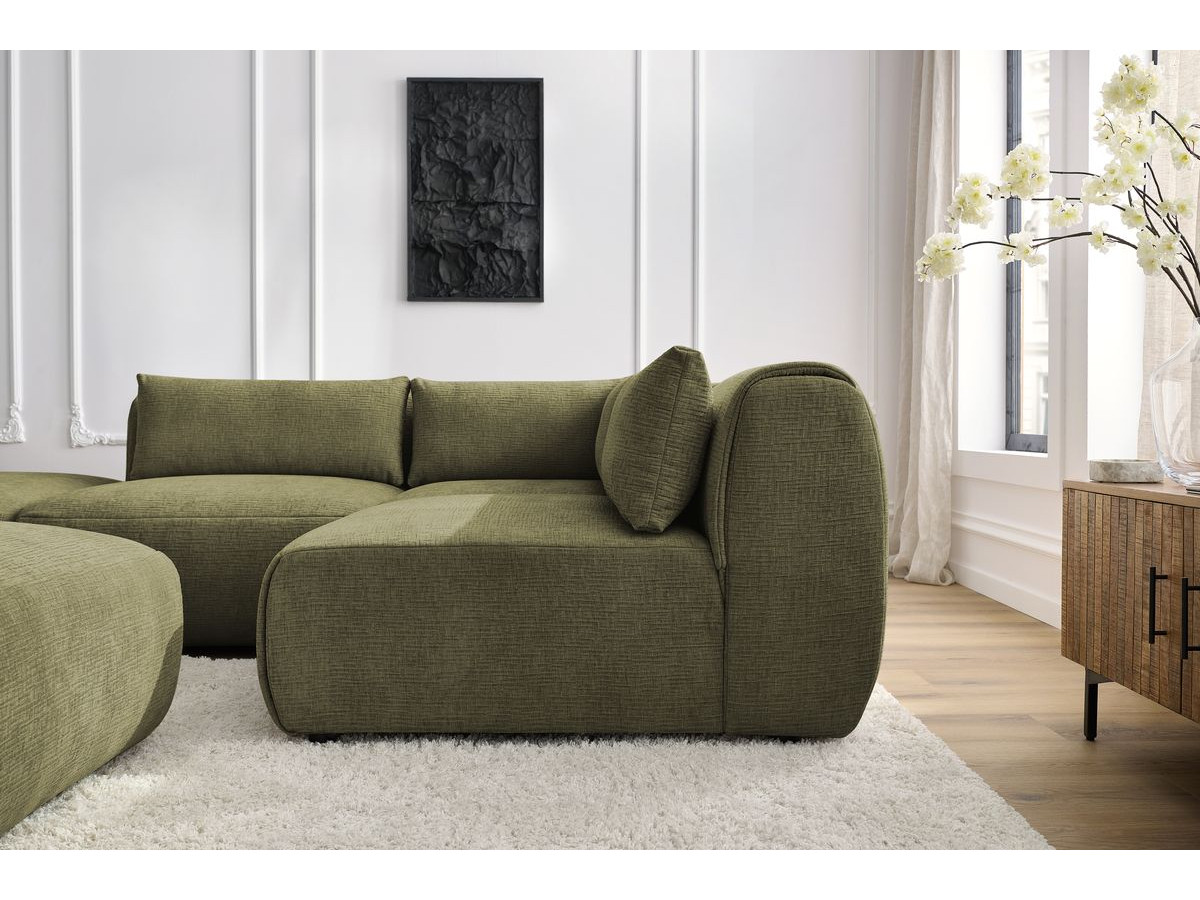 Canapé d'angle fixe modulable JEANNE tissu texturé avec 2 chauffeuses, 1 angle et 2 poufs
